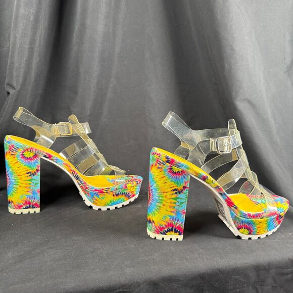 Qupid Platform Chunky 5" Heels Women's US 10 Colorful Tie-Dye Retro Clear Straps - Picture 2 of 6